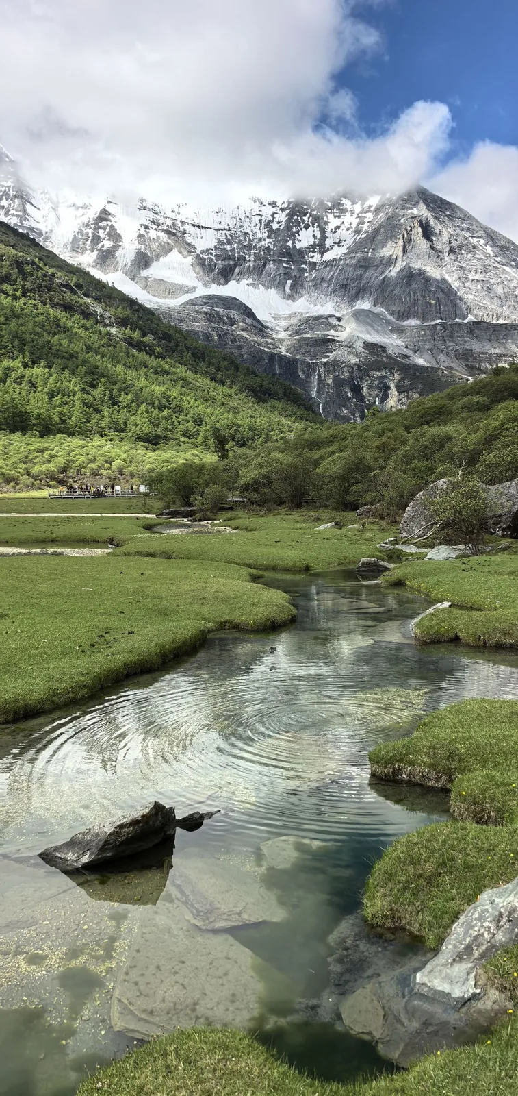 A stream below a snow peak